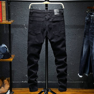 Spring And Summer New Jeans Pure Black Ripped Stretch Jeans Men Black Jeans Men Black