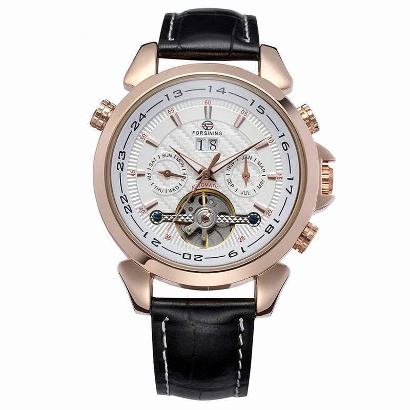 Complete Calendar watch Luxury Tourbillion Design Genuine Leather Top Brand Automatic Mechanical Men Watches Rose gold shell white noodles