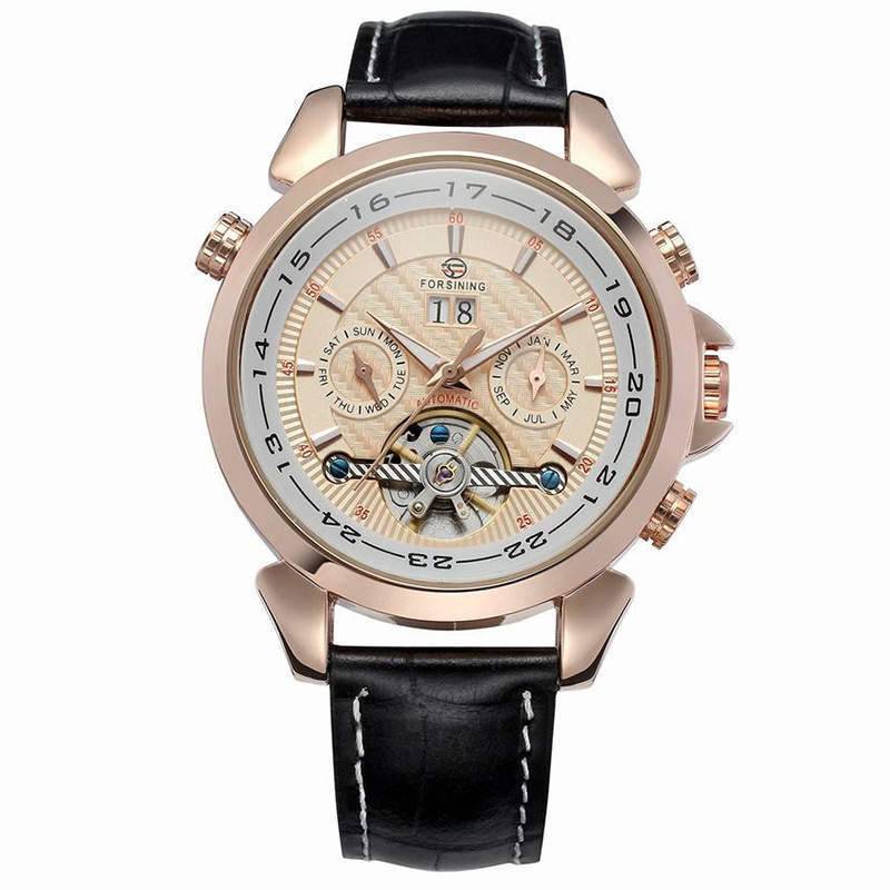 Complete Calendar watch Luxury Tourbillion Design Genuine Leather Top Brand Automatic Mechanical Men Watches Rose gold shell rose noodles