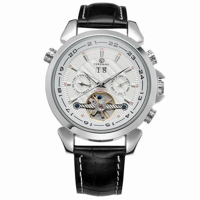 Complete Calendar watch Luxury Tourbillion Design Genuine Leather Top Brand Automatic Mechanical Men Watches Silver shell white noodles