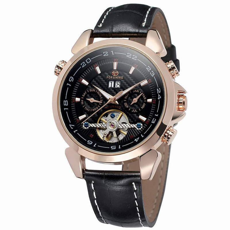 Complete Calendar watch Luxury Tourbillion Design Genuine Leather Top Brand Automatic Mechanical Men Watches Rose gold shell black surface