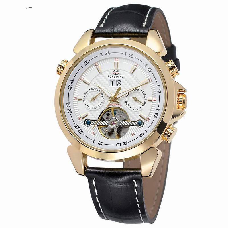 Complete Calendar watch Luxury Tourbillion Design Genuine Leather Top Brand Automatic Mechanical Men Watches Golden Shell White Noodles