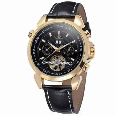 Complete Calendar watch Luxury Tourbillion Design Genuine Leather Top Brand Automatic Mechanical Men Watches Gold shell black face