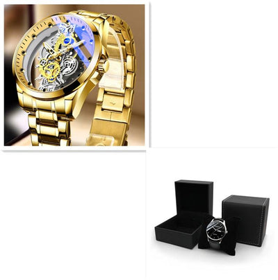 Men Watch Skeleton Automatic Quartz Watch Gold Skeleton Vintage Man Watch Mens Watches Top Brand Luxury All gold steel with box