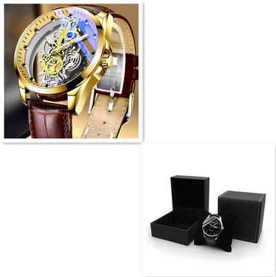 Men Watch Skeleton Automatic Quartz Watch Gold Skeleton Vintage Man Watch Mens Watches Top Brand Luxury Brown skin with box