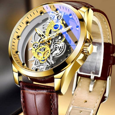 Men Watch Skeleton Automatic Quartz Watch Gold Skeleton Vintage Man Watch Mens Watches Top Brand Luxury Brown skin