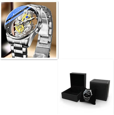 Men Watch Skeleton Automatic Quartz Watch Gold Skeleton Vintage Man Watch Mens Watches Top Brand Luxury Silver steel with box